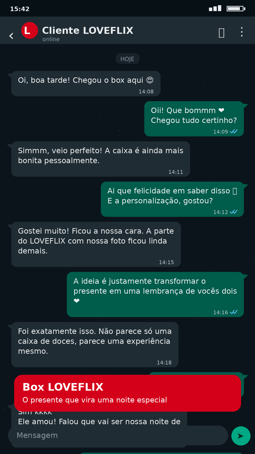 Mensagem de cliente Loveflix no WhatsApp 1